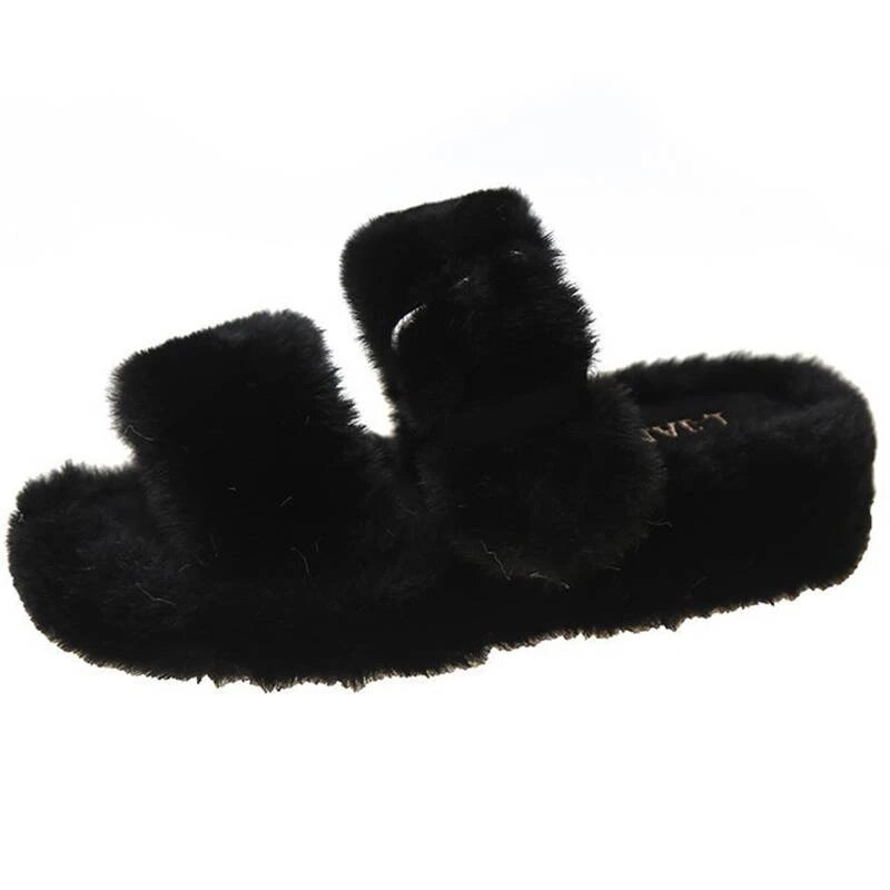 Women Fur Slippers Winter Platform Wedge Heel Indoor Non Slip Rubber Sole Slides Buckle Decoration Comfortable Shoes: Black / 36