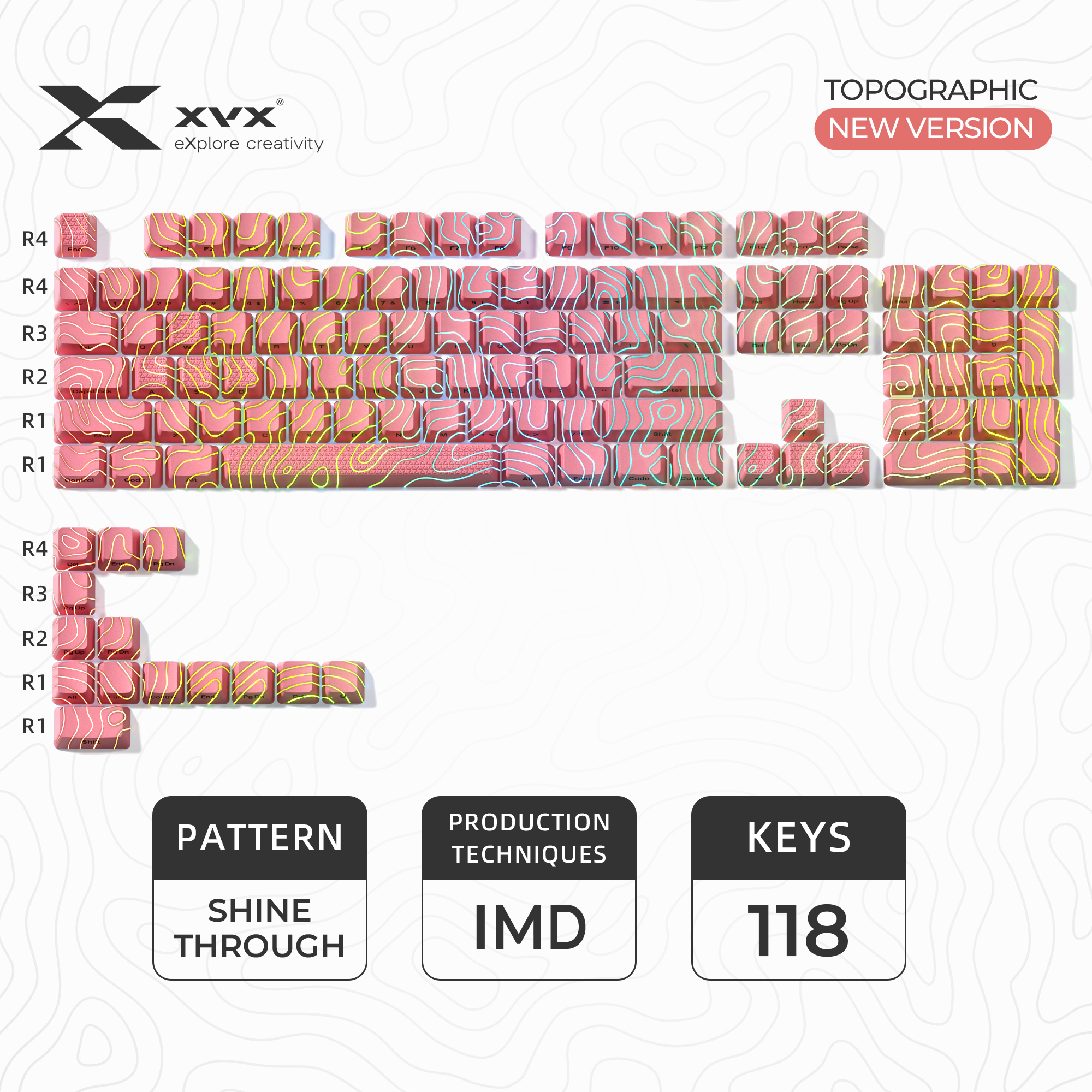 XVX Topographic Version Pattern Shine-Through OEM Profile IMD-Tech Keycap Set 118 keys: Blue