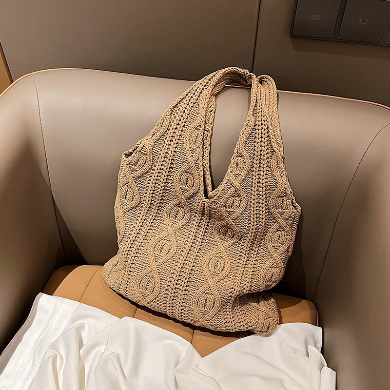 Bolso tipo shopper de hombro tejido de lana para mujer, bolso de compras Vintage de tela de algodón para niñas, bolso grande para mujer, bolso de ganchillo: Negro