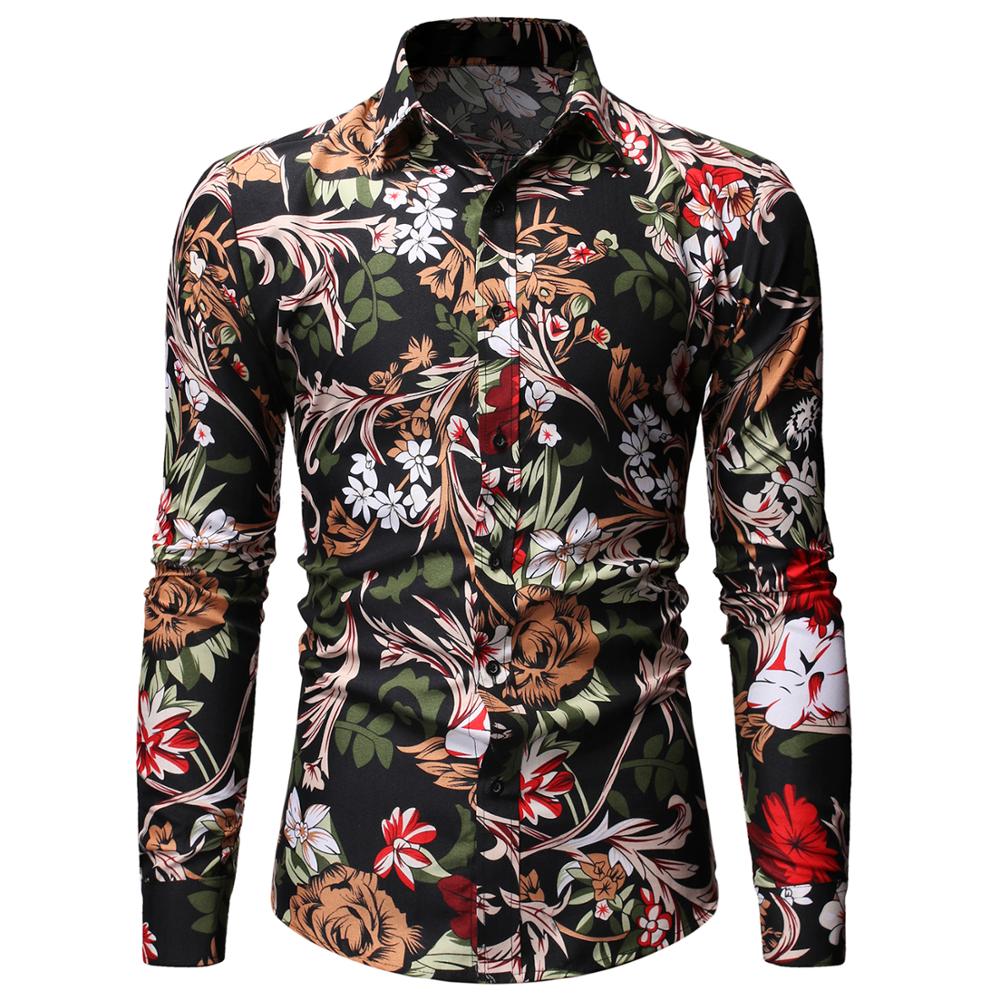 Men's Printed Shirts Male Slim Fit Long Sleeve Shirt Men Floral Print Casual Shirts Plus Size