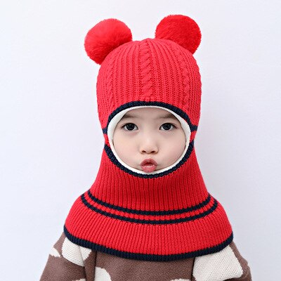 Winter baby muts sjaal jongen meisje gewricht muts peuter kinderen kind warme pompon ster muts gebreide nek plus fluwelen warmer 2-5: Hoedbal - rood