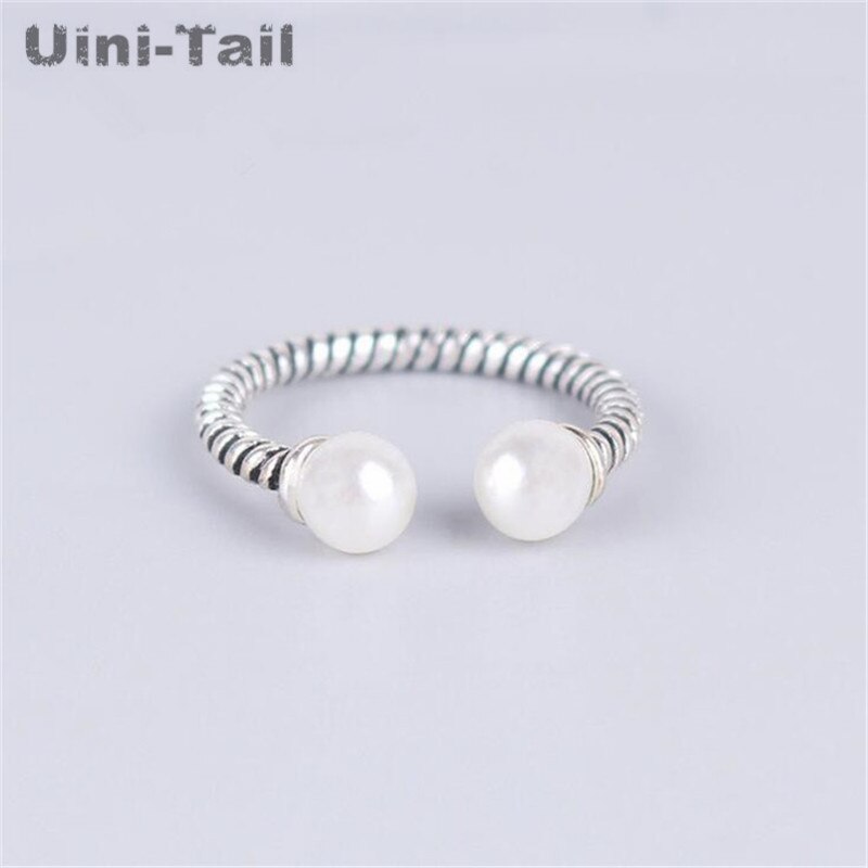 Uini-Tail Korea 925 Sterling Silver Personality Retro Twist Pearl Open Ring Pearl Trend