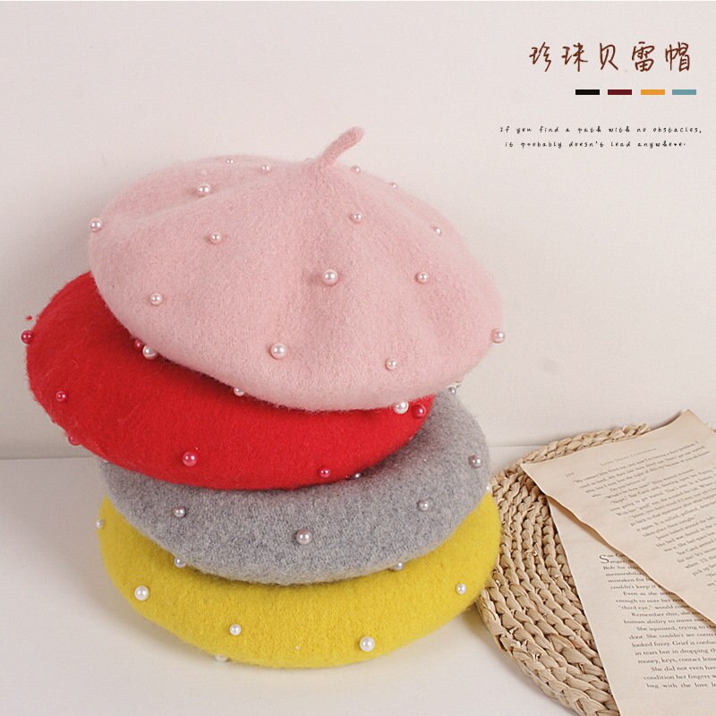 Crianças da criança menina boina de lã chapéu outono inverno quente clássico estilo francês frisado pérola gorro boné moda infantil para 2-8y