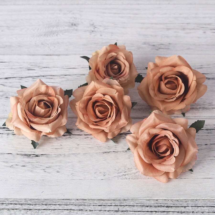 Stort rosenhoved store roser hoveder silke blomsterhoved kunstige blomster 5 stk diy hjem bryllup håndværk forsyninger dekoration tilbehør: Brun