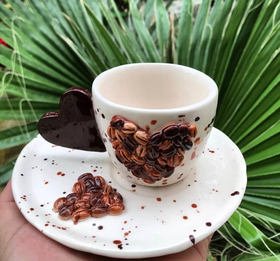 Handmade coarse pottery ceramic coffee bean coffee espresso cup and saucer teacup and base art trend