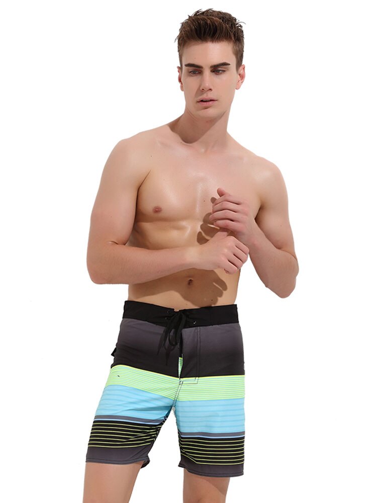 Men&#39;s Quick Dry Swim Trunks Colorful Stripe Beach Shorts with Pocket Boy&#39;s Bathing Boardshort Beachwear