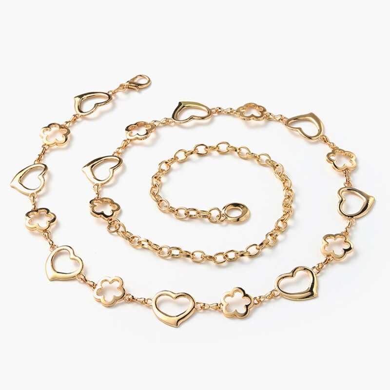 Vrouwen Ketting Riem Zilver Goud Hart Bloem Tailleband Riemen Voor Broek Jurk Jeans Klassieke Liefde Hart Holle Gordel Riemen: Love Flower Gold