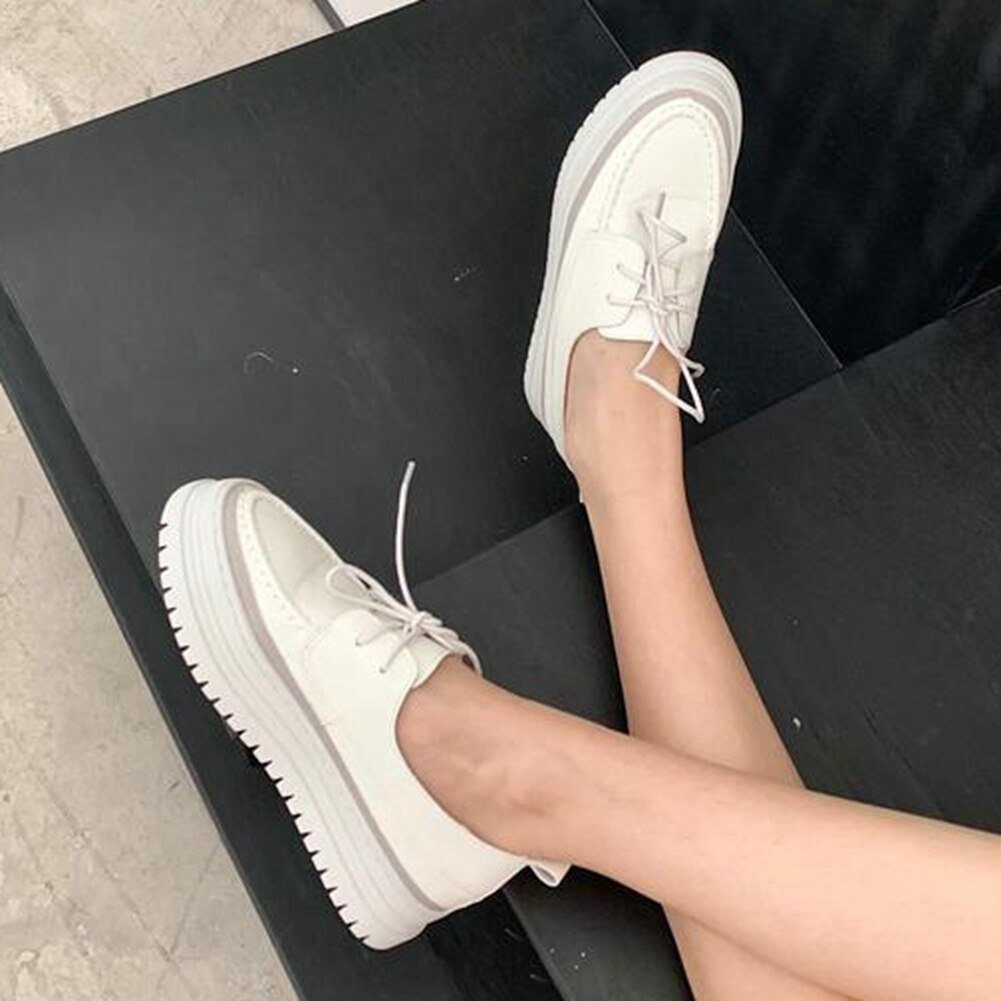 Zapatos de plataforma plana con punta redonda y cordones para mujer, de tacón bajo sólido Blanco, informales, con estilo, talla grande 39, novedad