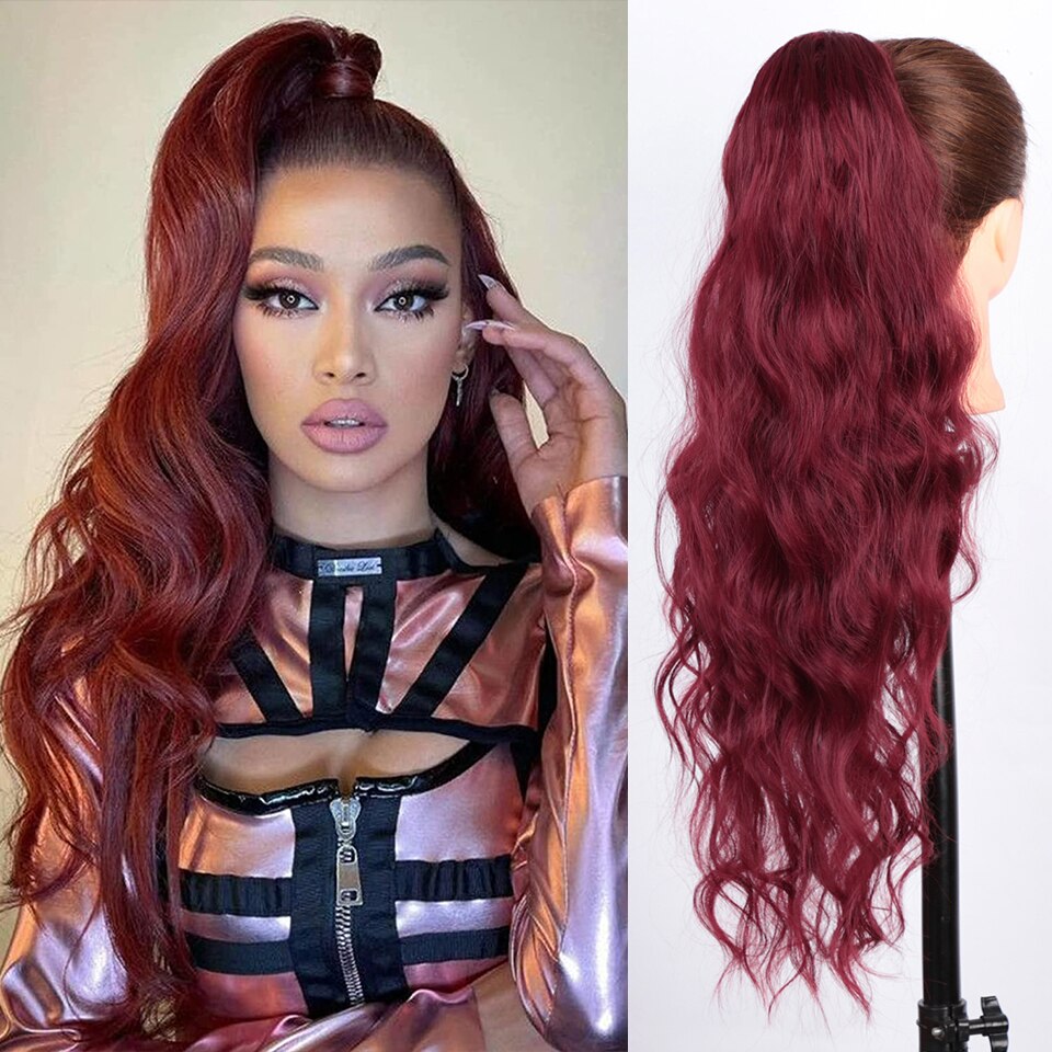 SUe EXQUISITE Synthetic Long Wavy Ponytail Hair for Black Women Gray/Black Synthetic Drawstring Ponytail Clip Hair Extension: red