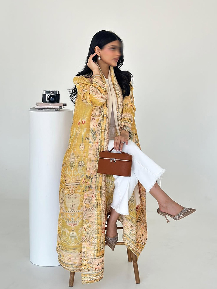 Abaya Miyake plissé imprimé Robe veste arabe dubaï Style femmes à manches longues conservateur recat musulman Trench Coat 55 pouces: Rouge