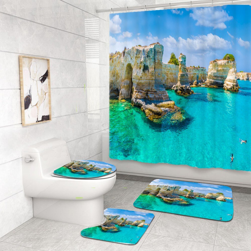 4 Piece Tropical Beach Bathroom Set Seaside Scenic Area Sunset Print Waterproof Shower Curtain Bath Rug Mats Set Toilet Cover: color-6