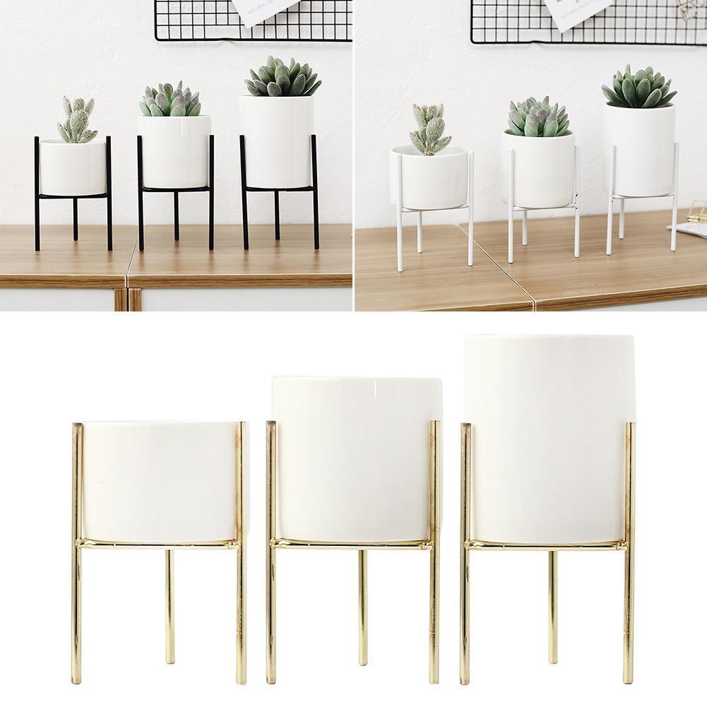 1PC Ceramic Flower Pots Standing Balcony Garden Plant Metal Iron Planter Home Decor Short and Tall Pot +Rack: Gold C / S