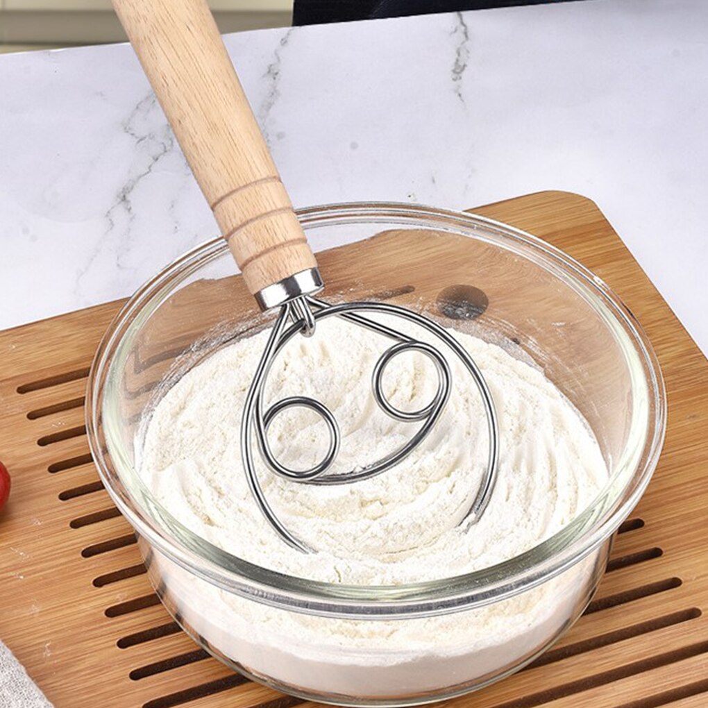Stainless Steel Blender For DIY Bread Dough Bakeware Dough Whisk Eggs Beater Mixer Tool Oak Wood Handle Kitchen Baking Mixer