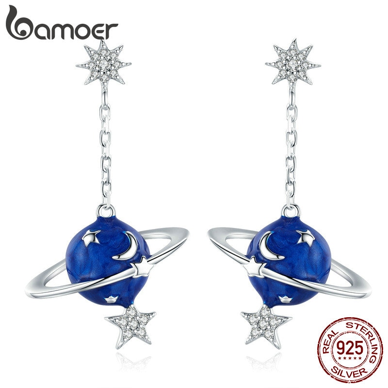 BAMOER 925 Sterling Silver Segreto Pianeta Luna Star Orecchini A Pendaglio Per le donne Sereno Cubic Zircone Gioielli In Argento Sterling BSE016