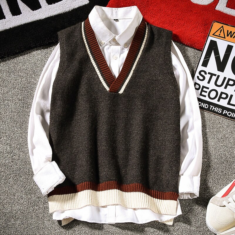 saferido New Spring and Autumn Sleeveless Knitted Cardigan Men's Clothing Waistcoat Contrast Color Casual Sweater Vest Coat Fashion V26
