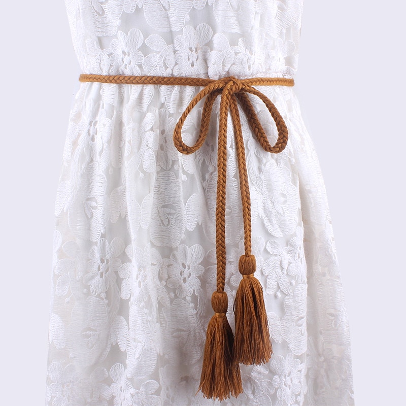 Ceinture tressée à pompons pour femmes, , tissage torsadé, ceinture tricotée, ULdécorée pour robes, chemise marron, ficelle en coton noir