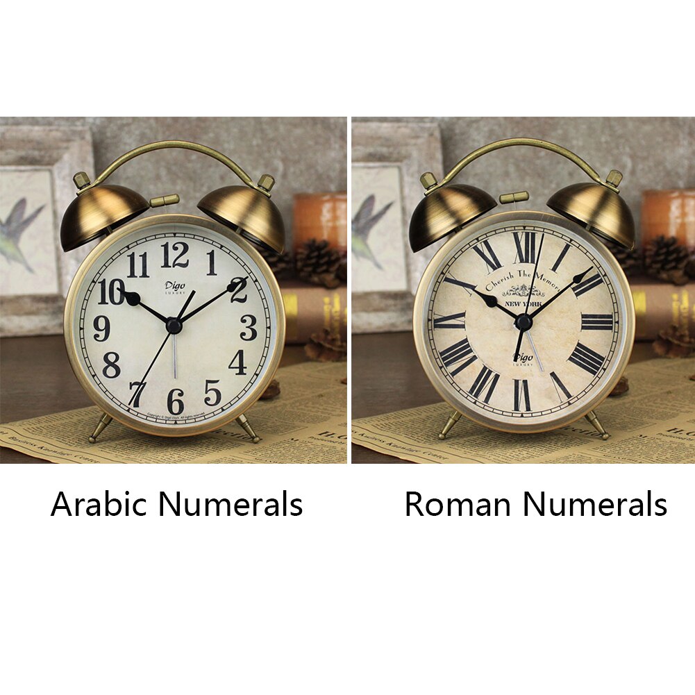 Battery Powered Bedside Non Ticking Vintage Loud Alarm Clock Silent Numerals Metal Quartz Classic With Night Light Desktop Retro