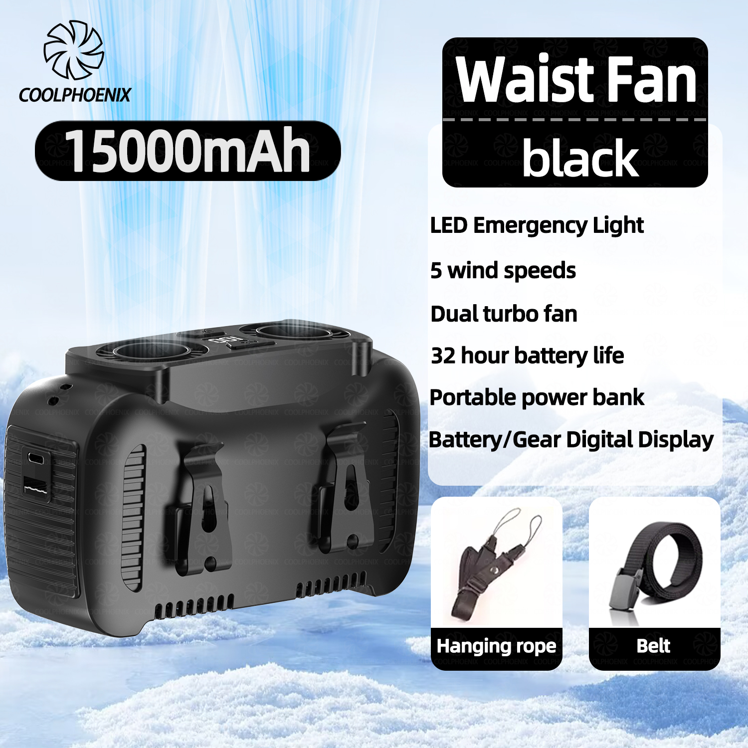 15000 mAh tailleclipventilator, draagbare mini hangende nekventilator, USB oplaadbare ventilator, buitencamping, tailleventilator met powerbank, LED-licht: Black