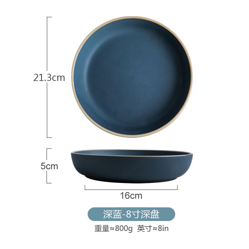 Morandi nordic blue matte keramiek serviesset huishoudelijk ontbijtbord hoogwaardig porseleinen steakbord serviesset: Diep bord -8 inch