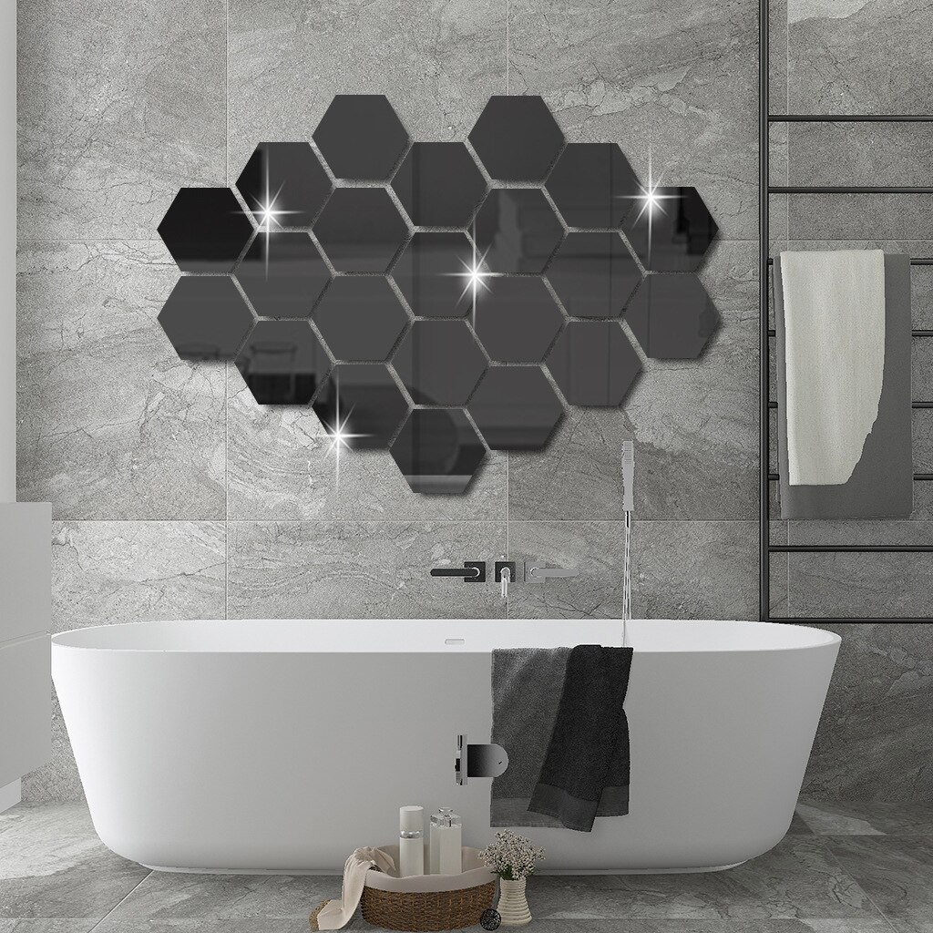 24Pcs Hexagon Mirror Sticker Self-adhesive Mosaic Tiles Bathroom Decorative Mirror Stickers
