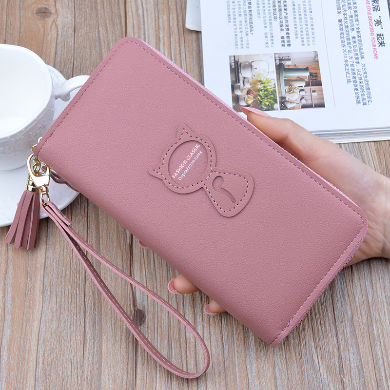 Girls long leather wallet women phone wallet laides cute card holder clutch bag zipper organizer wallet wwristlet female purse: deep pink