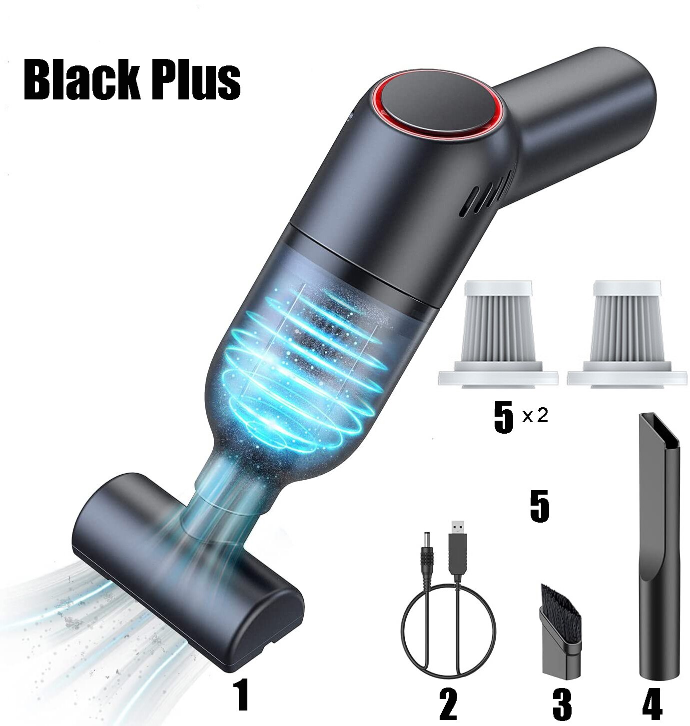 HandHeld Vacuum Cleaner Pet Hair Carpet Corner Dust Cleaning Machine Mini Wireless Super Suction Wet Dry Portable Vacuum Cleaner: Black Plus 2 filter