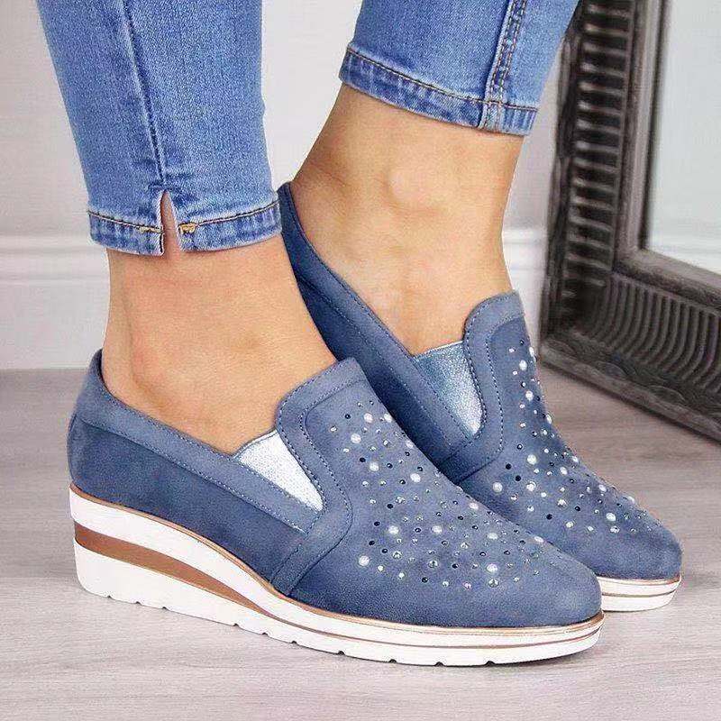 Women's Mesh Wedge Shoes Diamond Slip-on Cotton Casual Shoes for Woman Walking Sneakers Loafers Soft Shoes Zapato: Blue / 43