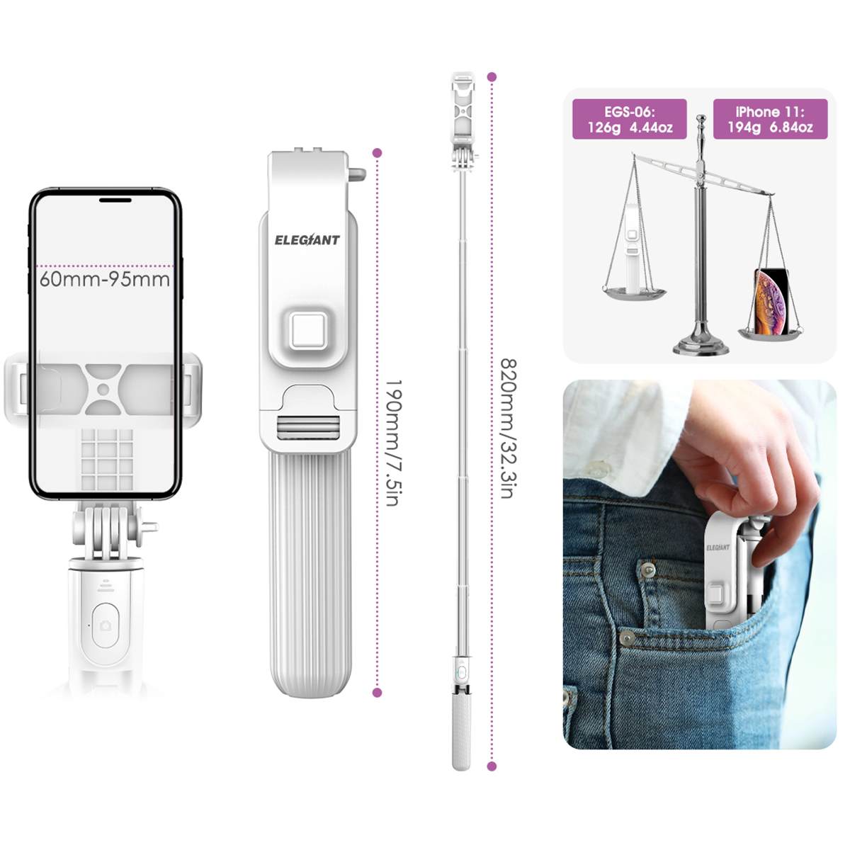 ELEGIANT – perche à Selfie tout-en-un, trépied en aluminium léger, extensible, avec télécommande, pour petit appareil photo