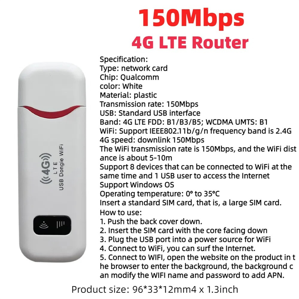 4G LTE USB Modem Dongle - 150Mbps WiFi Hotspot Router - Mobilt SIM Kort Netværkskort: Hvid