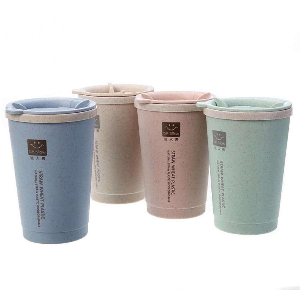 Copo de água de café de palha de trigo portátil com palhas multi-funcional dupla tampa cola café copo de plástico beber caneca de viagem