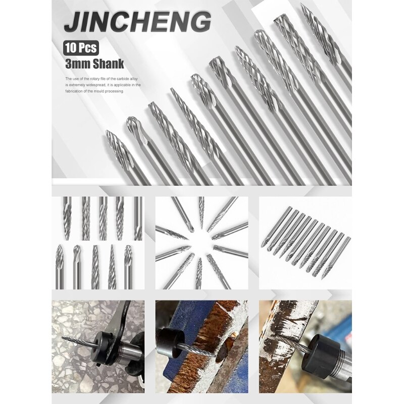 Tungsten Carbide Rotary Files Set 10 Pcs Rotary Accessories Wood Metal Stone's Carving Engraving Drilling