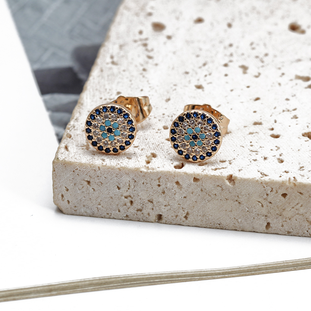 Oeil chanceux Micro pavé rond Zircon boucles d'oreilles cuivre turc mauvais œil Piercing boucles d'oreilles pour femmes filles hommes bijoux BE1058