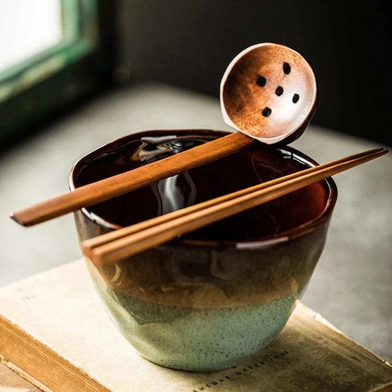 2szt. Drewniana łyżka robić zupy Chochla z długim uchwytem Drewniana łyżka kuchenna Duże sitko Łyżka robić zupy Ramen Chochla Japońska zastawa stołowa