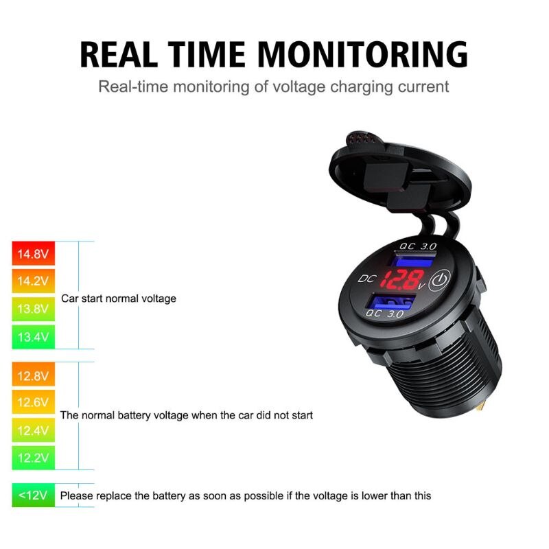 12V 24V QC 3.0 Dual USB Car Charger Waterproof 18W USB Outlet Fast Charge with LED Voltmeter Touch Switch Power Cable