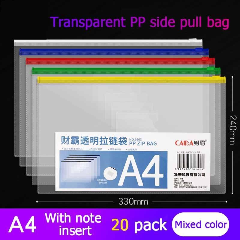 20Pcs Bestand Houder Transparant Plastic Informatie Tas A5 Rits Grote Capaciteit Boek Tas A4 Briefpapier Student Office Bestand Zak