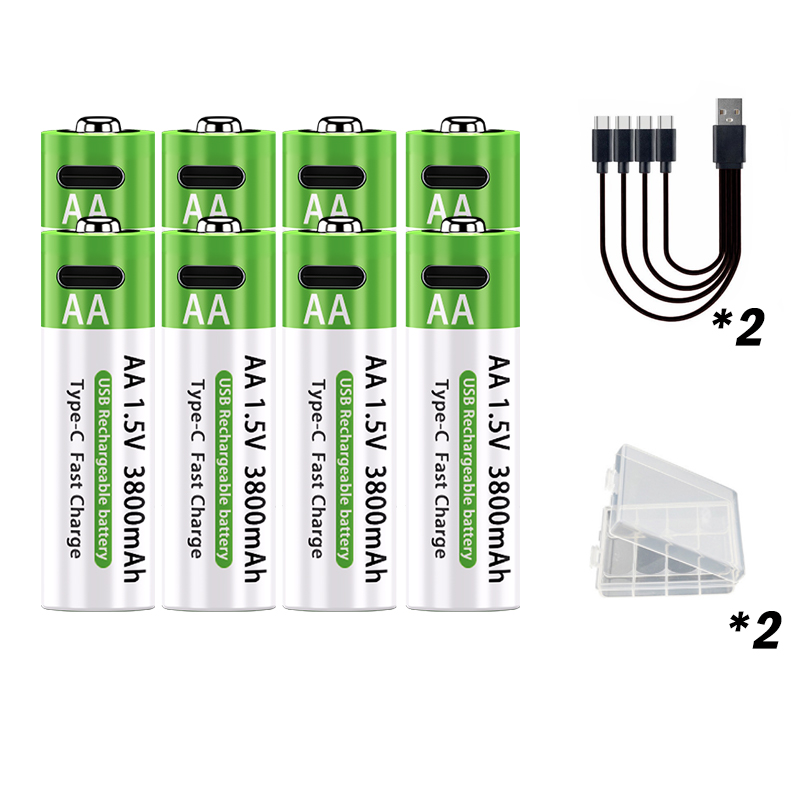 LIKEKALA Li-ion AA Rechargeable Batteries USB Lithium-ion 3800mAh 1.5V AA Rechargeable Batteries+ Data Cable and Storage Box: Silver