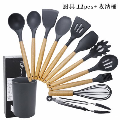 11pcs Silicone wooden handle kitchen utensils non-stick pan shovel tool set soup ladle cooking kitchen tool silicone kitchen: 11pcs  barrel
