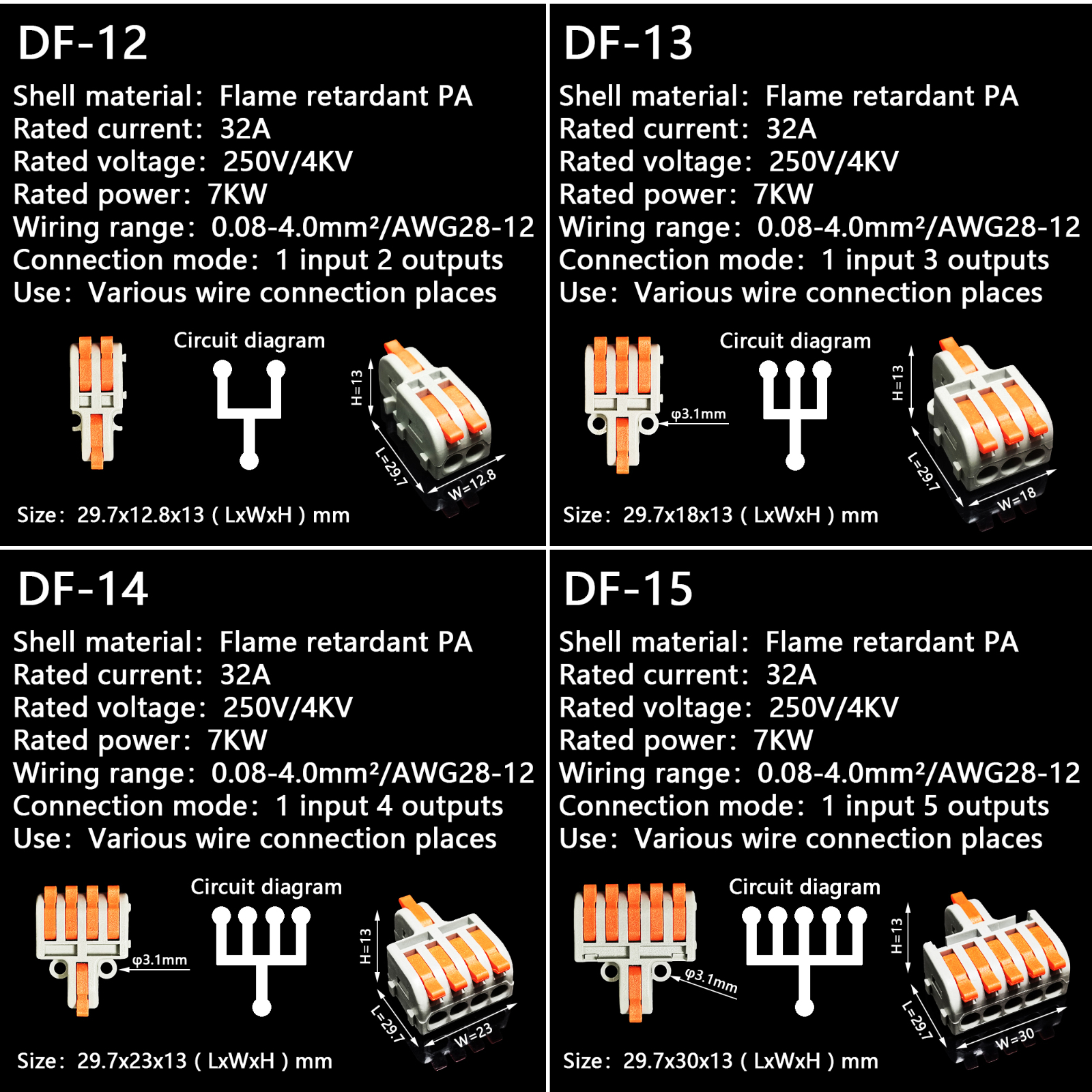 Mini Fast Boxed Wire Connector DF-12/13/14/15 Compact Conductor Spring Wiring Connector Conductor Push-in Terminal Block