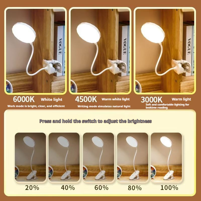 Lampada da tavolo a portato portatile con clip Lampada da scrivania con clip ricaricabile USB Lampada da lettura per letto Luce notturna tocco 3 modalità di attenuazione Luce di protezione degli occhi