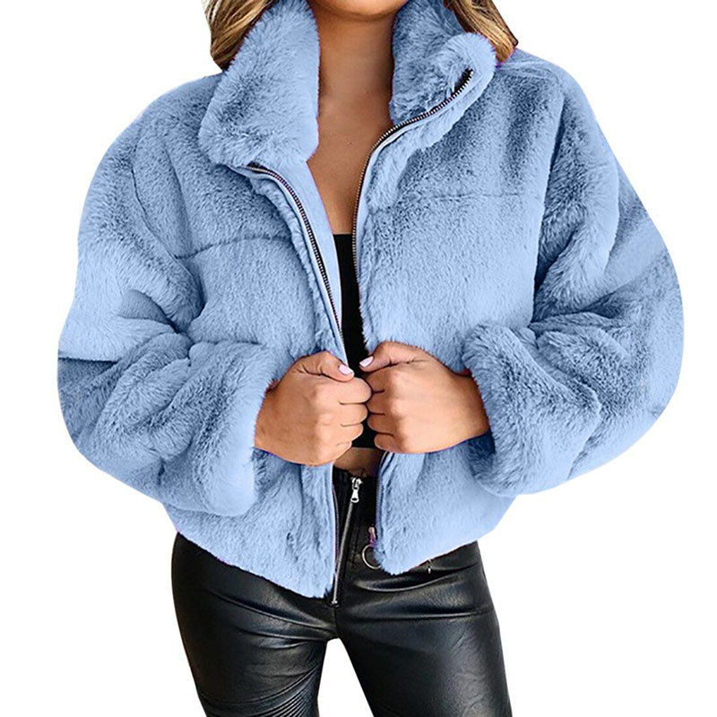 Vintage Vrouwen Warme Jas 2022 Winter Mode Pluizige Effen Kleur Turn-Down Lange Mouwen Pluche Rits Jas Casual losse Bovenkleding: M / Sky Blue
