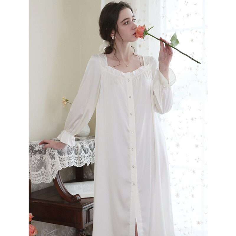 Women Satin Nightwear Autumn Ice Silk Romantic Nightgown Long Sleepshirts Comfy Sleepwear Peignoir Vintage Victorian Night Dress
