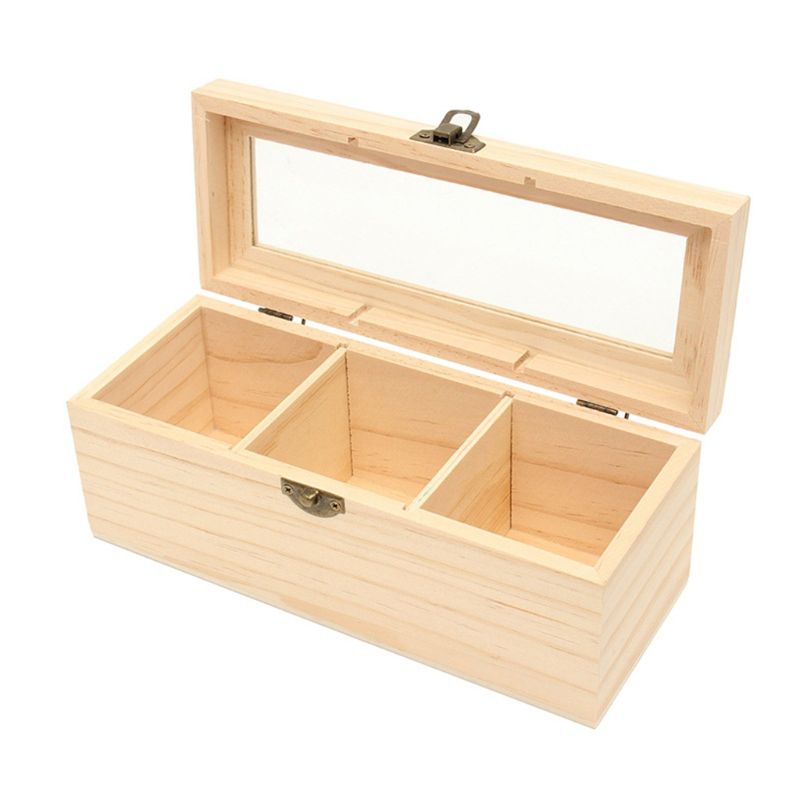 Wooden Tea Box 3 Compartments Storage Container Jewelry Accessories Box H55A: Default Title