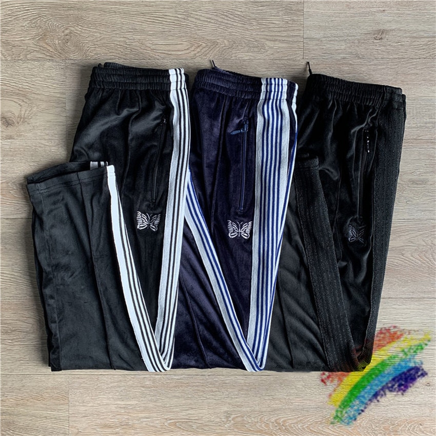 AWGE Needles Pants Men Women Streetwear Striped Needles Sweatpants Butterfly Embroidery Joggers AWGE Trousers Inside Tag