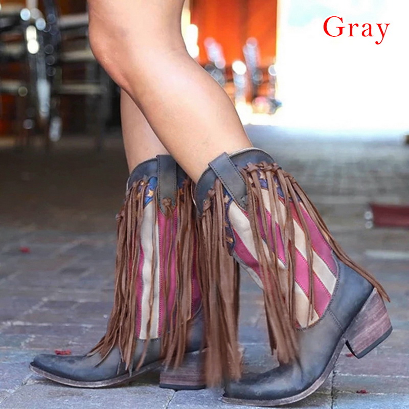 JODIMITTY Fransen Stiefel retro Frauen Quaste Randbereich Faux Wildleder Leder Cowboy Stiefel Niedrigen Ferse Damen Schuhe Bohemien Boho Ferse Stiefel: gary / 4,5