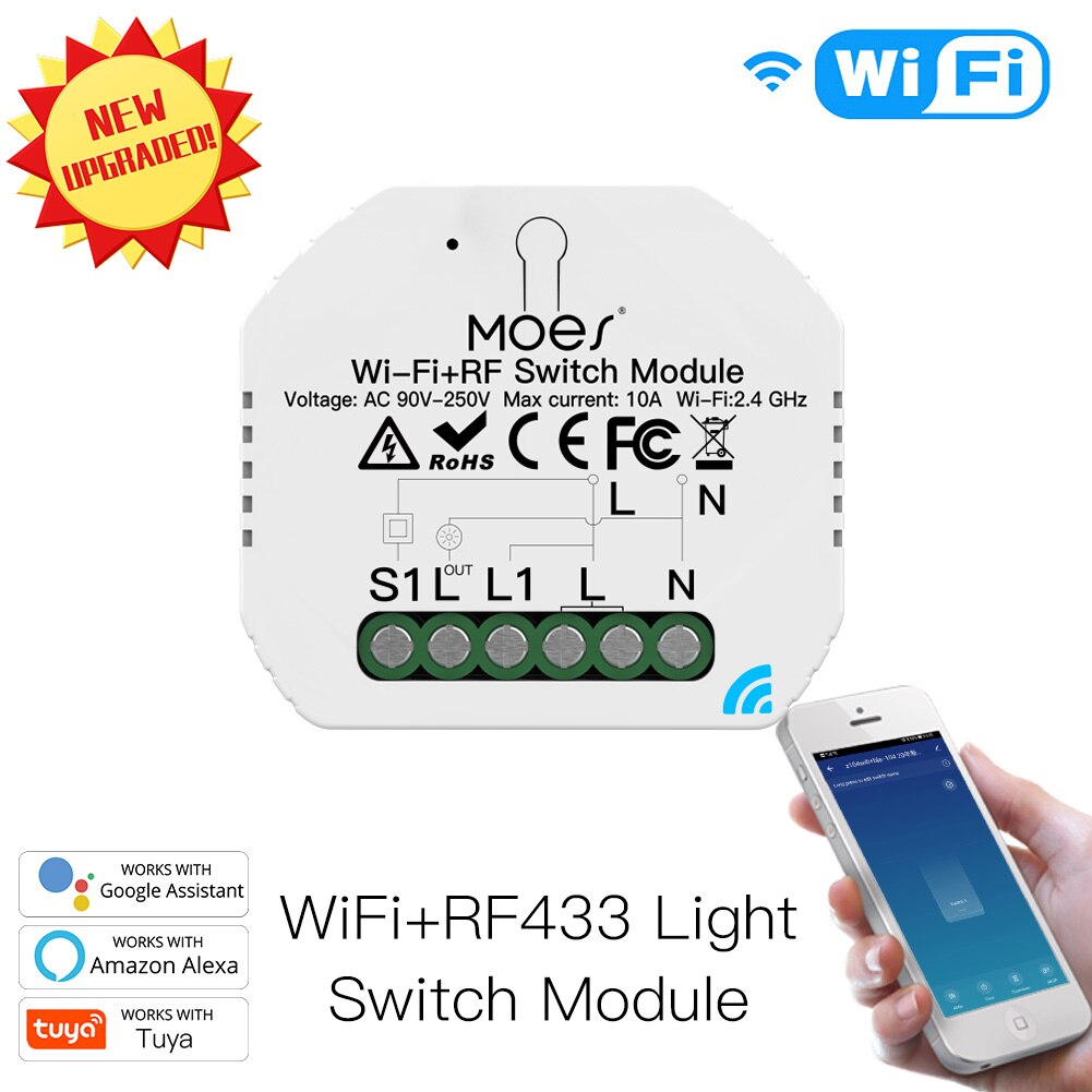 Mini DIY WiFi RF433 Smart Relay Switch Module Smart Life/Tuya App Control, Work with Alexa Google Home 1 Gang 1/2 Way: 1 PC