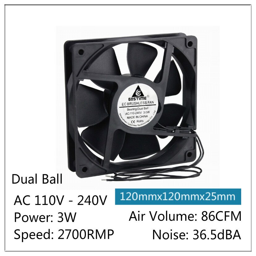 1 stuks 60mm 80mm 90m 120mm ac 110v 220v 240v 3 inch dubbele bal plastic universele koeler pc cpu ventilatoren luchtstroom voor computers: 120 x 25mm dubbele bal