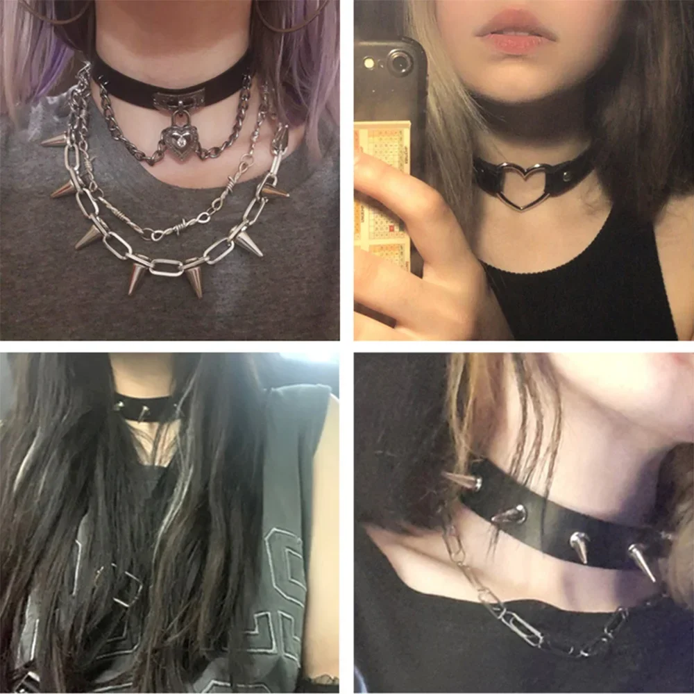 Harajuku Chocker Sexy Heart Lock Key Rivets Black Goth Punk Chokers Gothic Choker Naszyjnik dla kobiet Hip Hop Bondage Cosplay