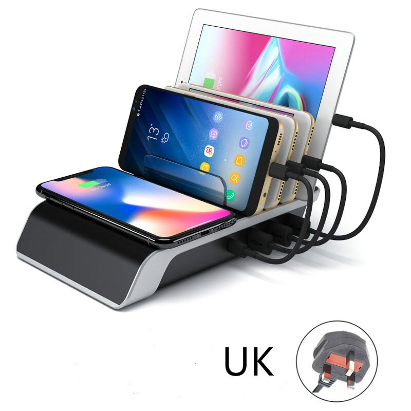 Wireless Fast Charger Stand 45W 4 Ports USB Charger HUB EU Charging Station 5-in-1 Universal Charger Dock Holder AU UK US Charge: UK