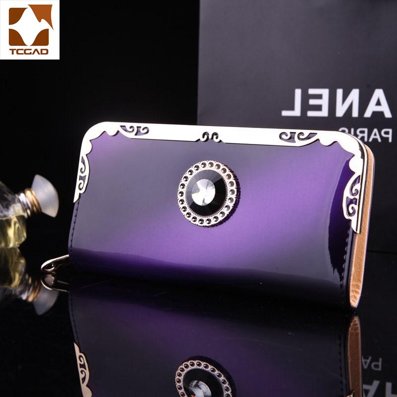 Cartera de mujer con diamantes de imitación de colores, carteras de charol largo para mujer, bolso barnizado: Purple