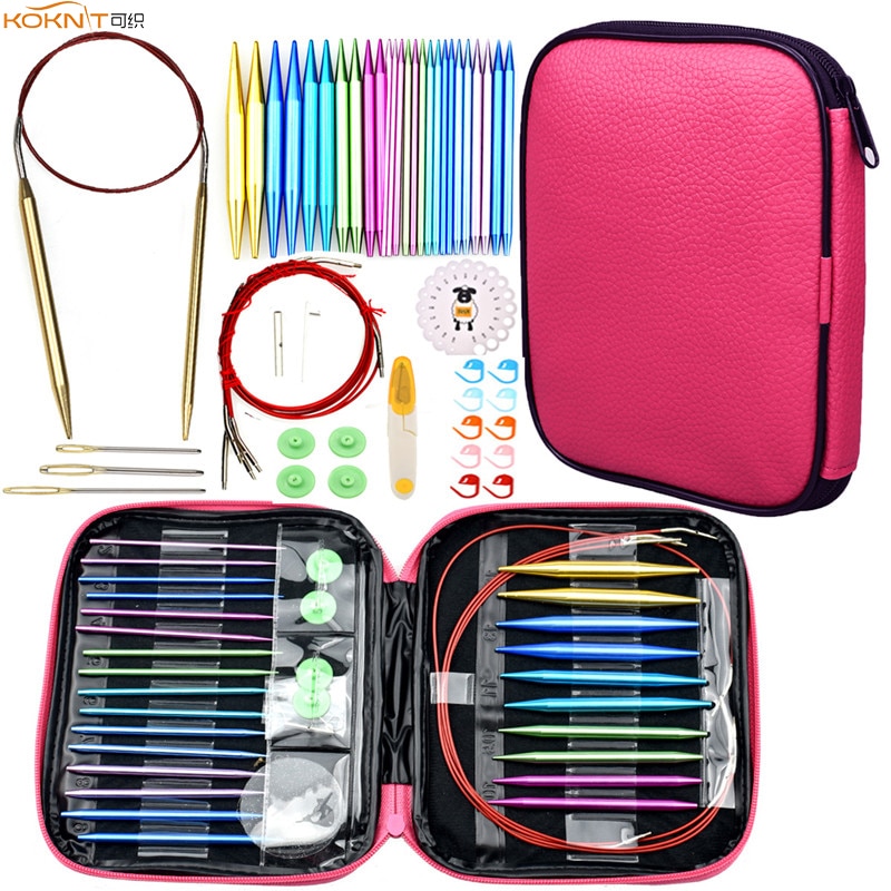 KOKNIT Aluminum Circular Knitting Needles Set 26pc Interchangeable Crochet Needles with Case for Any Crochet Patterns & Yarns: Gold